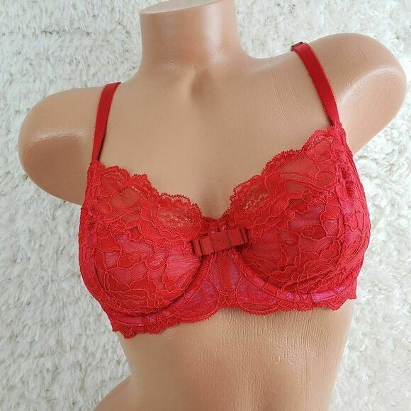 VS 34C Red Lace Mesh Unlined Balconet Sexy Bra - Picture 1 of 4
